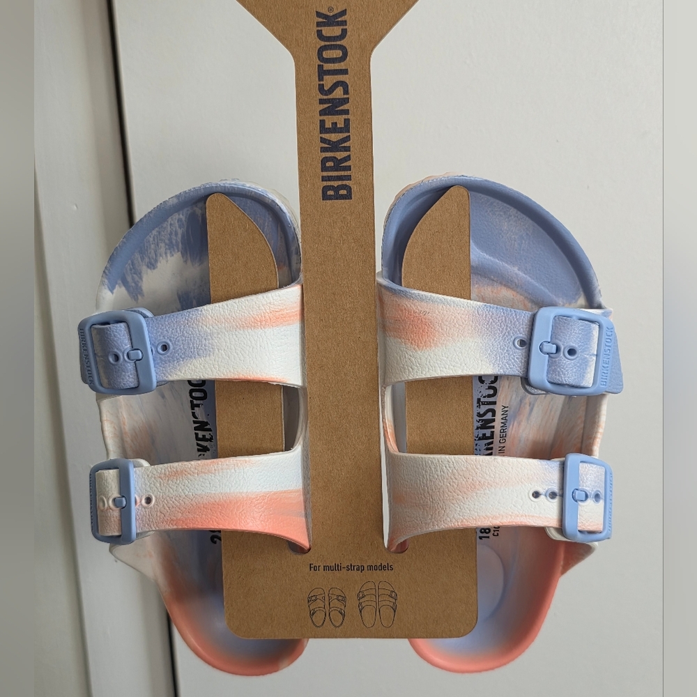 Birkenstock Kids Arizona Eva Two-Strap Sandals in Pastel Blue & Peach, Size 28